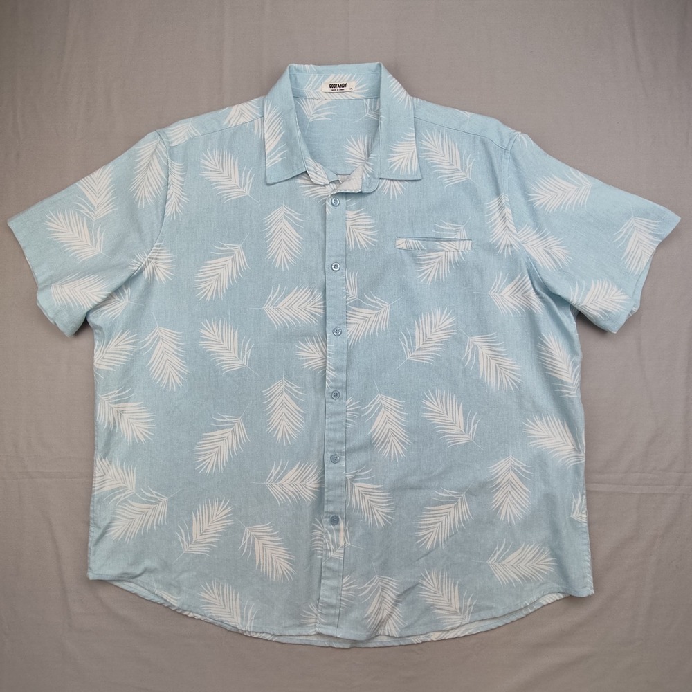 COOFANDY Button Down Mens XXL Light Blue Tropical Palm Leaf Linen Blend Shirt